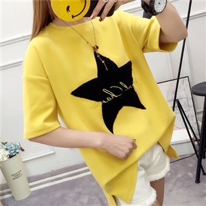 [BT-040]  สีเหลือง / เสื้อคอกลม ปักรูปดาวนูน 