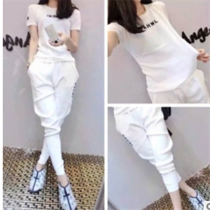 [ST-0023] ชุดลำลอง เสื้อ+กางเกง สีขาว  M   L //   XL   2XL 