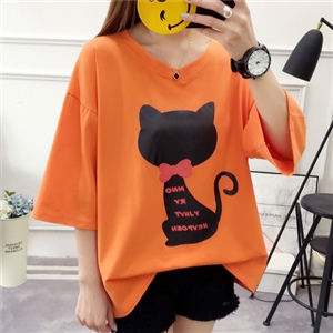 [BT-080] สีส้ม / เสื้อยืดคอวี แต่งสกีนรูปแมว  